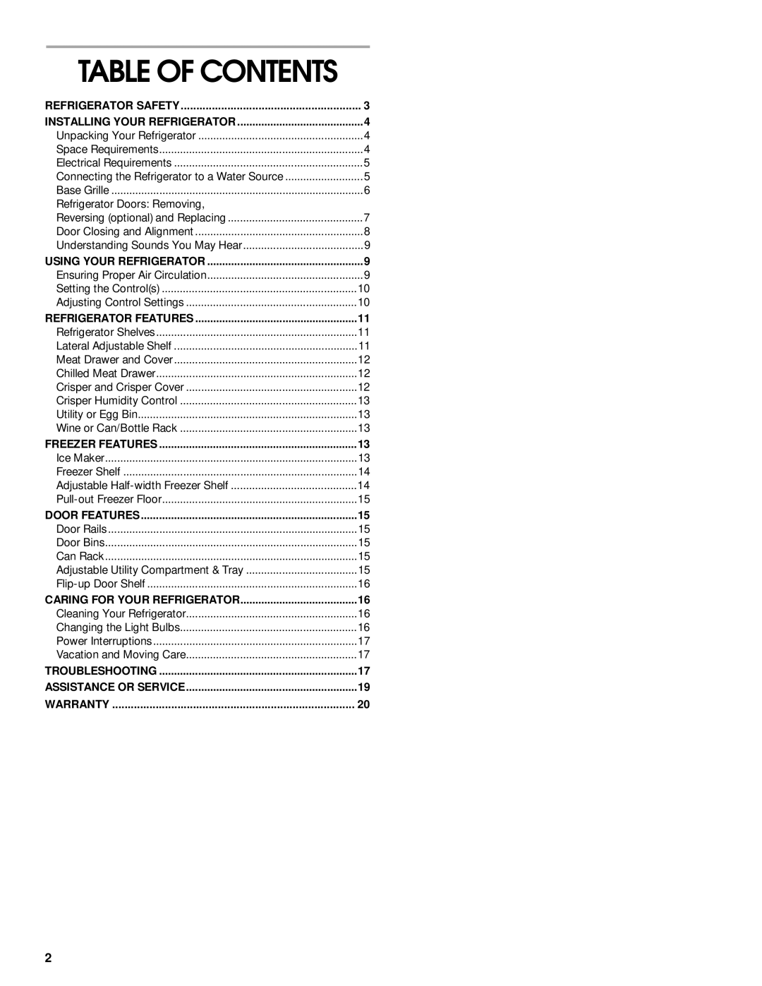 Crosley 2212430 manual Table of Contents 