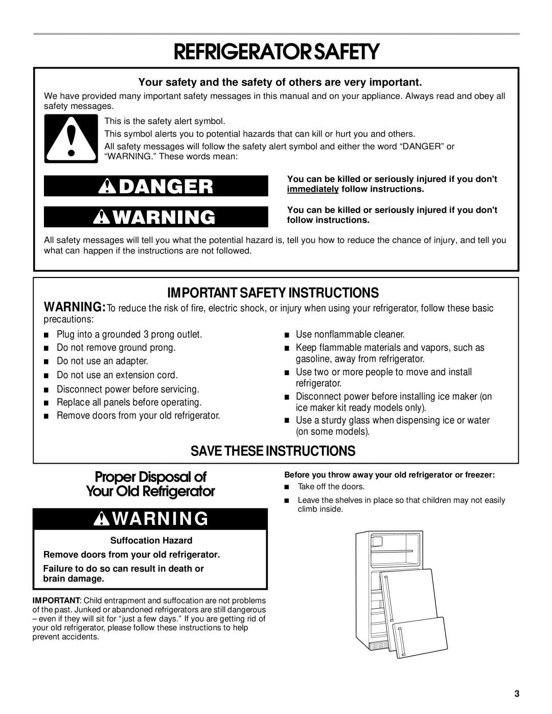 Crosley 2212430 manual Refrigeratorsafety, Before you throw away your old refrigerator or freezer 