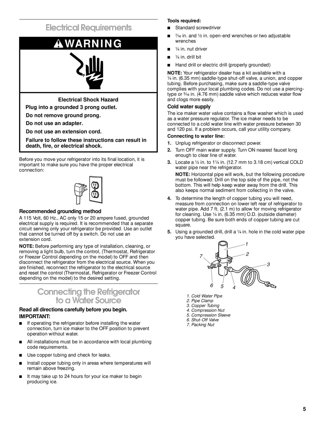 Crosley 2212430 manual Electrical Requirements, Connecting the Refrigerator To a Water Source, Recommended grounding method 