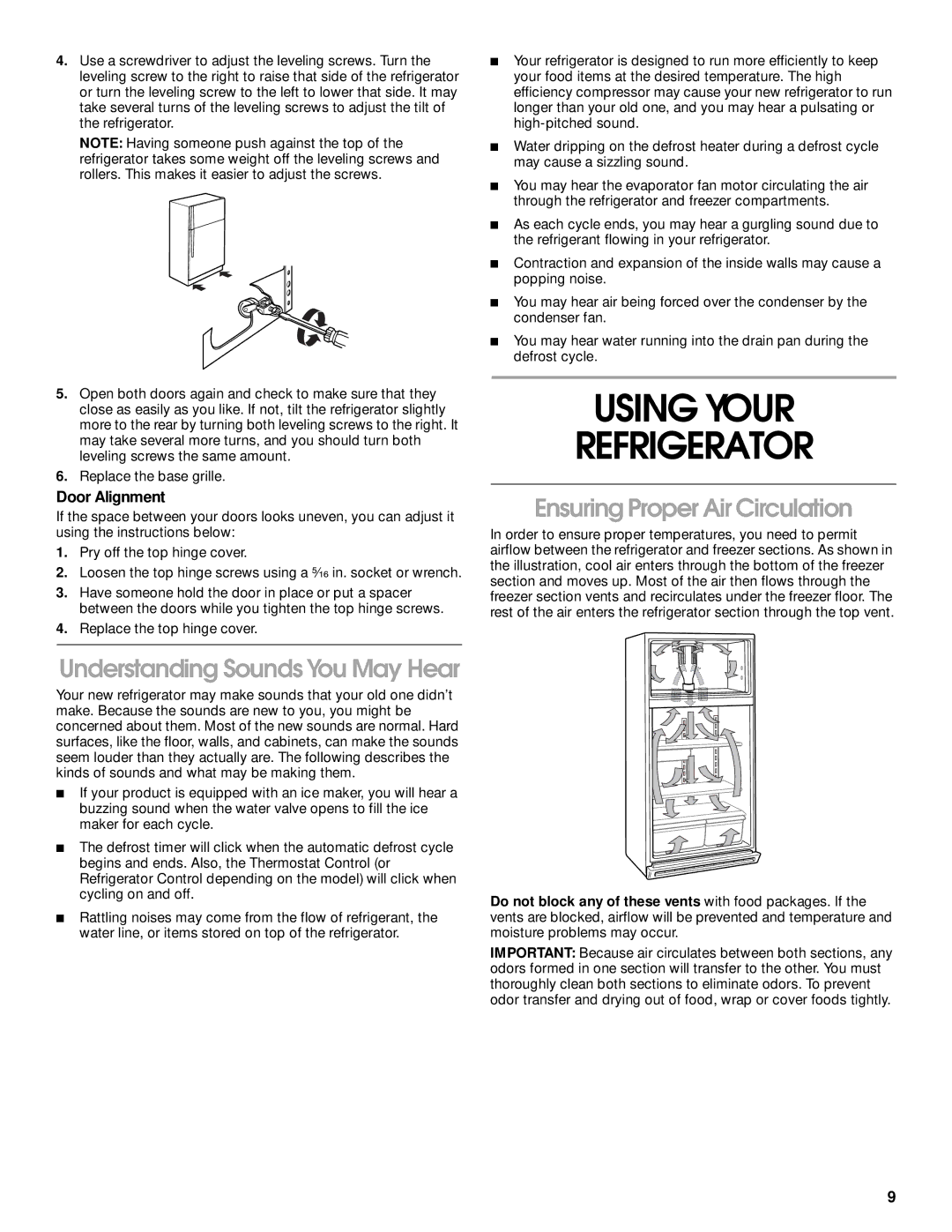 Crosley 2212430 manual Using Your Refrigerator, Understanding Sounds You May Hear, Ensuring Proper Air Circulation 