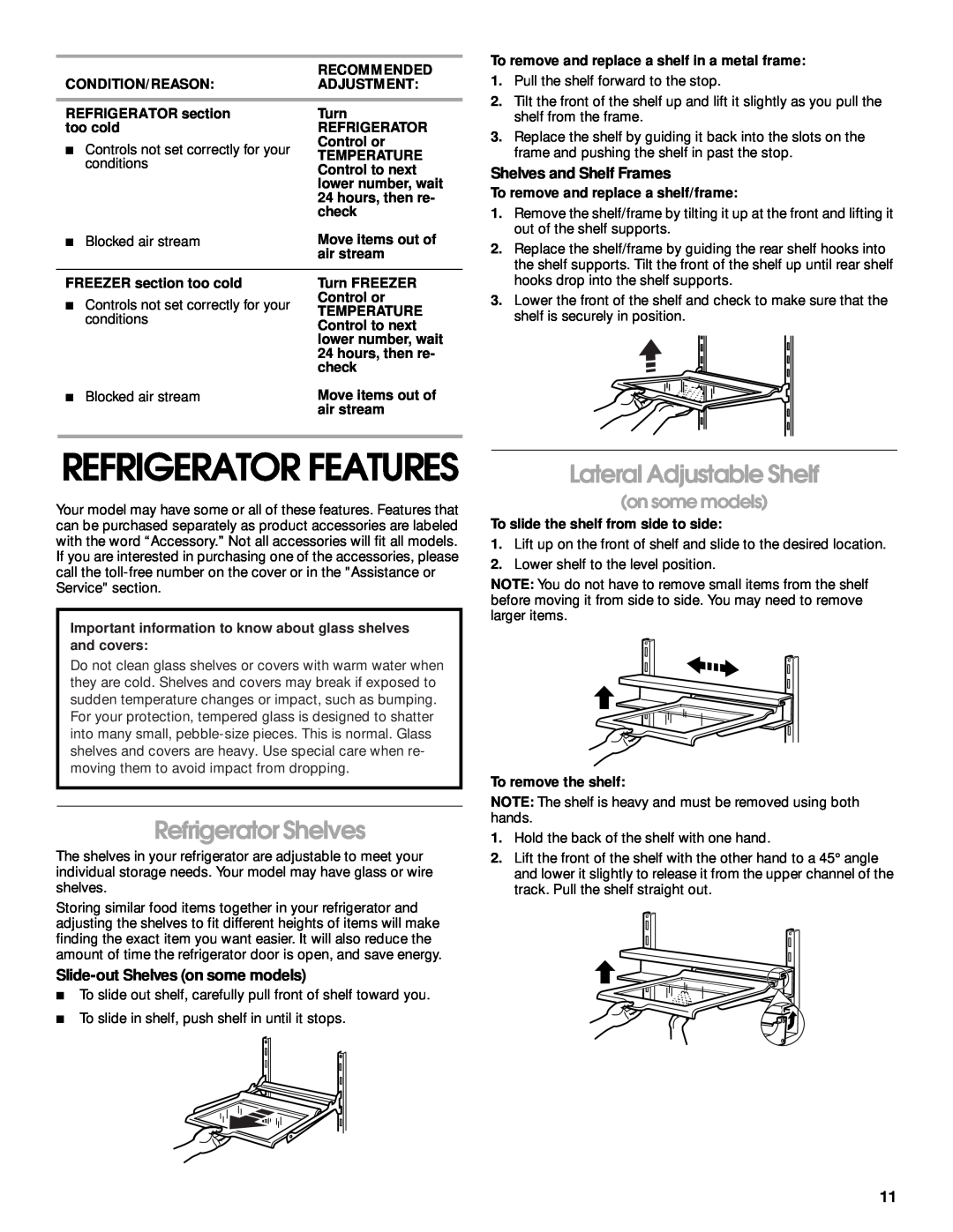 Crosley 2212430 manual Refrigerator Shelves, Lateral Adjustable Shelf, on some models, Refrigerator Features, Recommended 