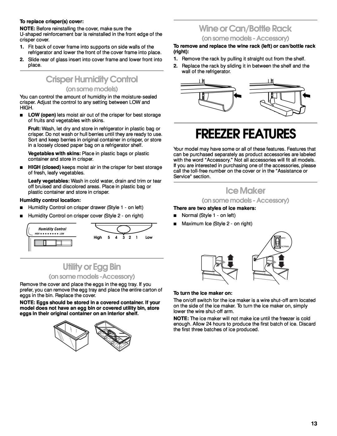 Crosley 2212430 manual Freezer Features, Crisper Humidity Control, Wine or Can/Bottle Rack, Ice Maker, Utility or Egg Bin 