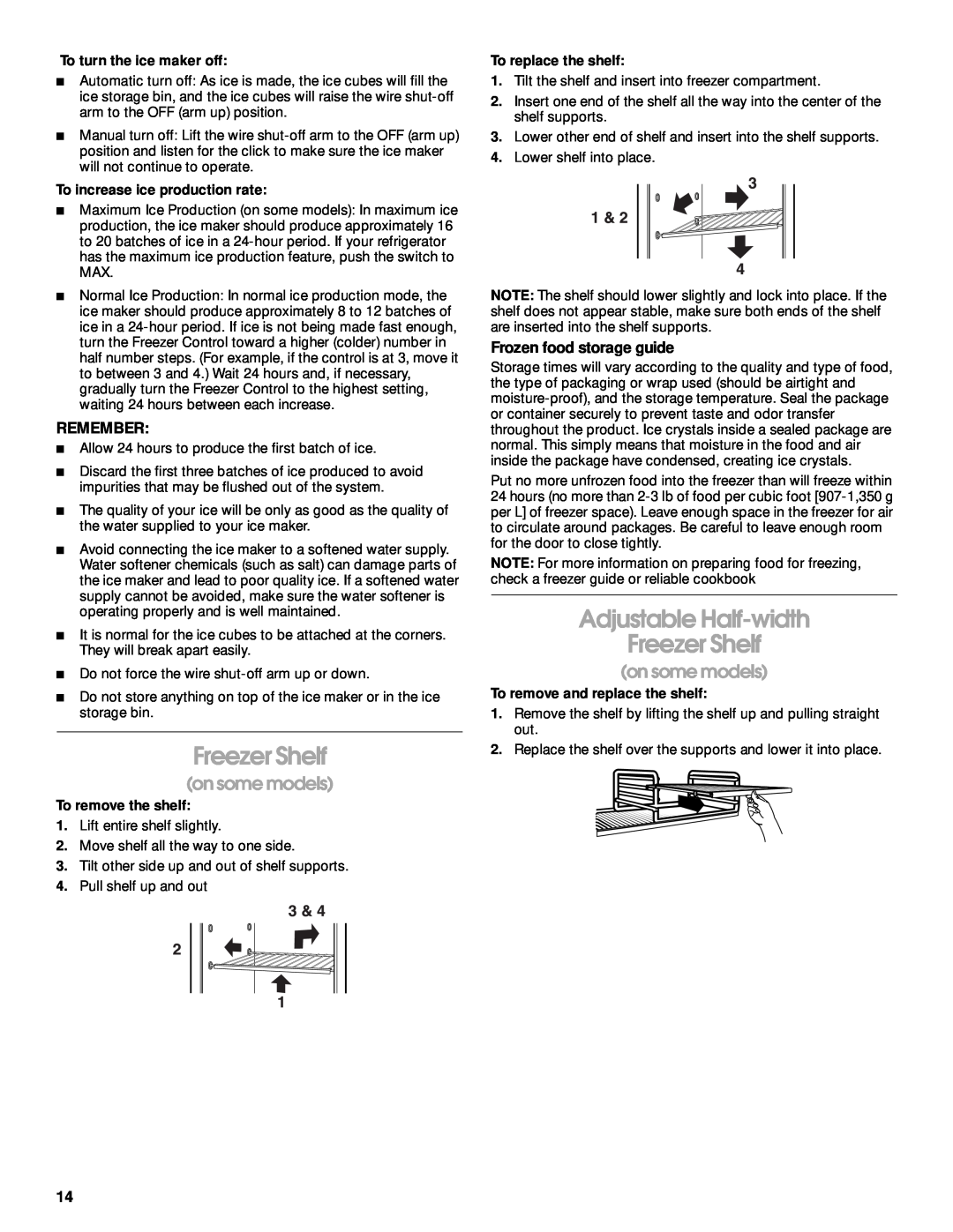 Crosley 2212430 manual Adjustable Half-width Freezer Shelf, on some models, Remember, Frozen food storage guide 