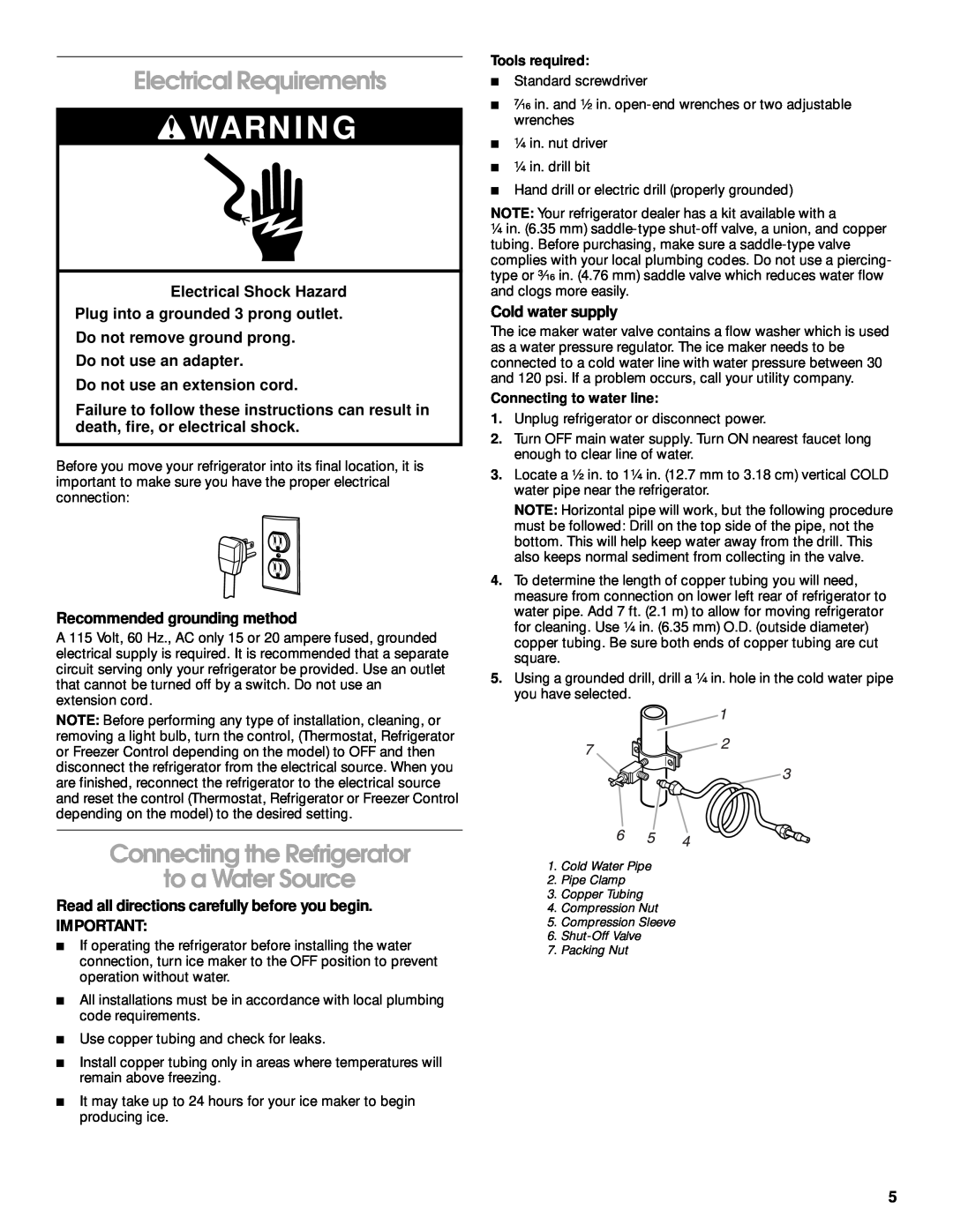 Crosley 2212430 manual Electrical Requirements, Connecting the Refrigerator to a Water Source, Do not use an extension cord 