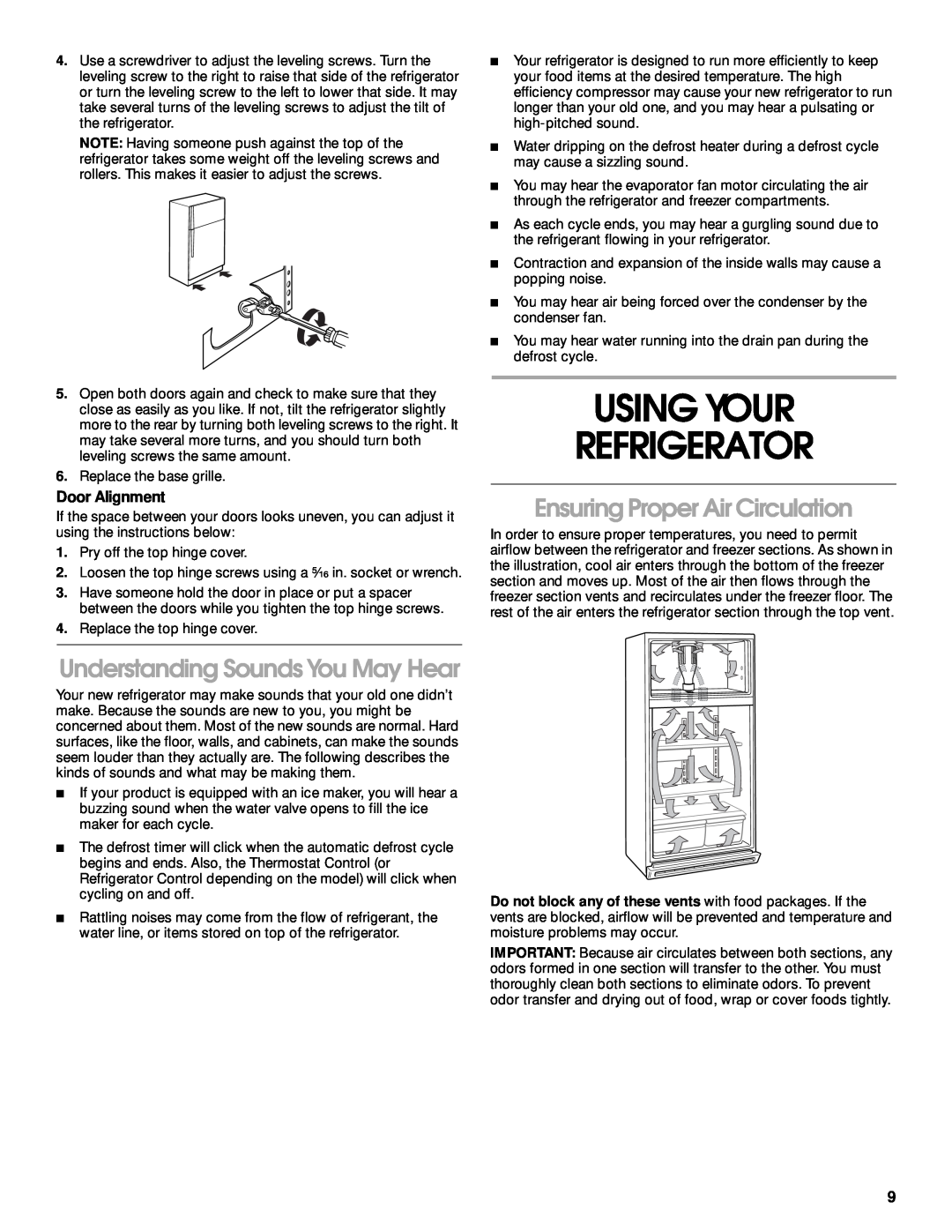 Crosley 2212430 manual Using Your Refrigerator, Understanding Sounds You May Hear, Ensuring Proper Air Circulation 