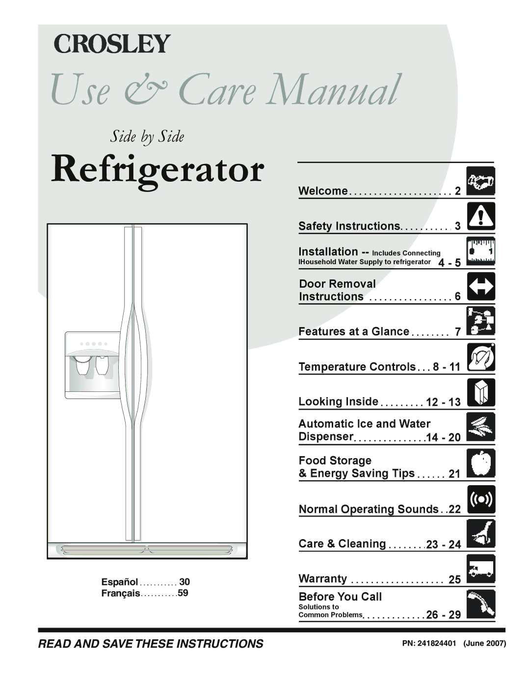 Crosley 241024401 manual Use & Care Manual, PN 241824401 June 