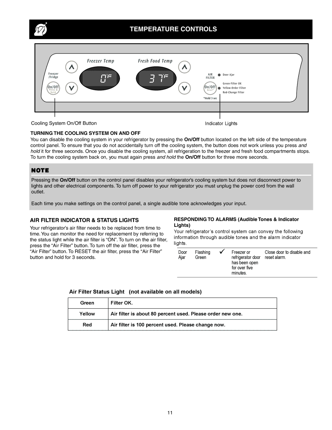 Crosley 241024401 manual AIR Filter Indicator & Status Lights, Turning the Cooling System on and OFF 