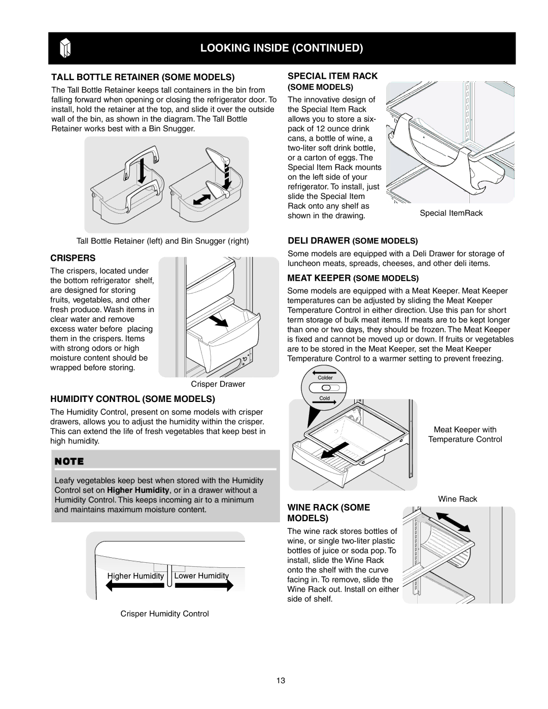 Crosley 241024401 manual Tall Bottle Retainer Some Models, Crispers, Humidity Control Some Models, Wine Rack Some Models 