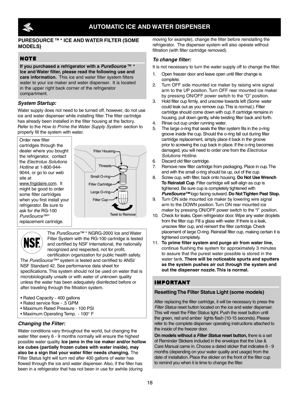 Crosley 241024401 manual Puresource TM * ICE and Water Filter Some Models, System Startup 