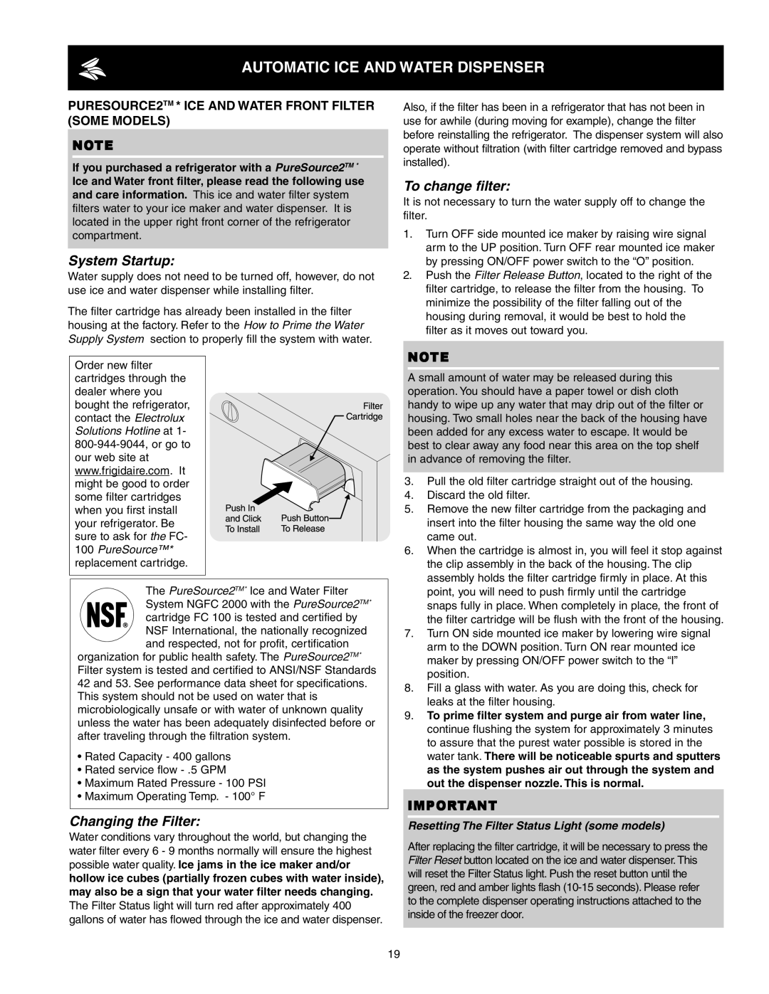 Crosley 241024401 PURESOURCE2TM * ICE and Water Front Filter Some Models, Resetting The Filter Status Light some models 