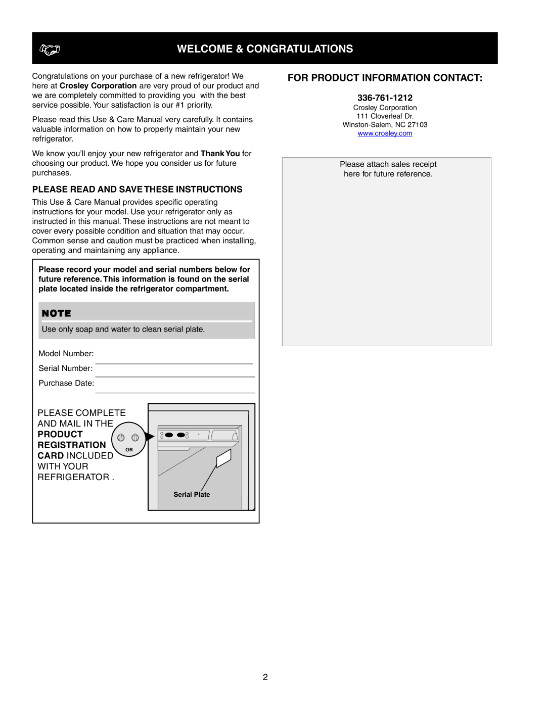 Crosley 241024401 manual Welcome & Congratulations, Please Read and Save These Instructions, Product Registration 