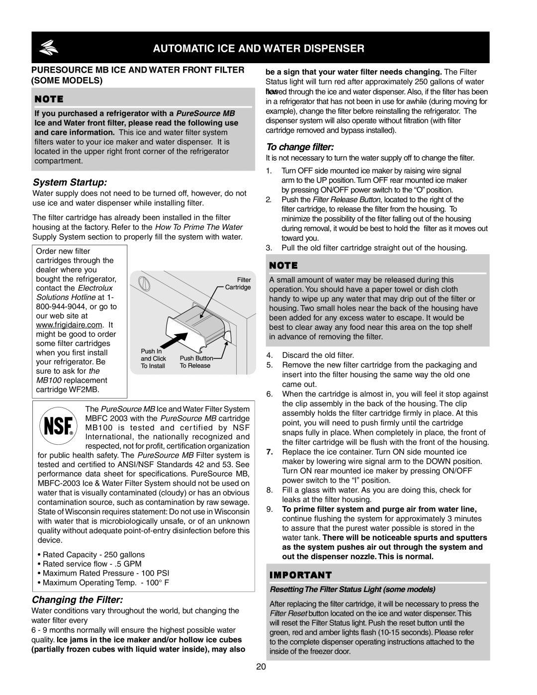 Crosley 241024401 manual Puresource MB ICE and Water Front Filter Some Models 