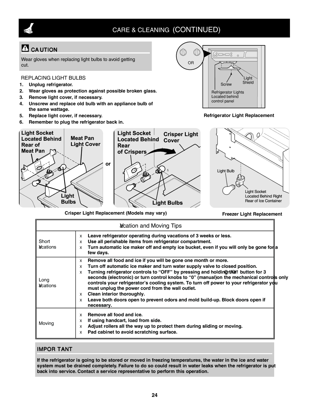 Crosley 241024401 manual Replacing Light Bulbs 