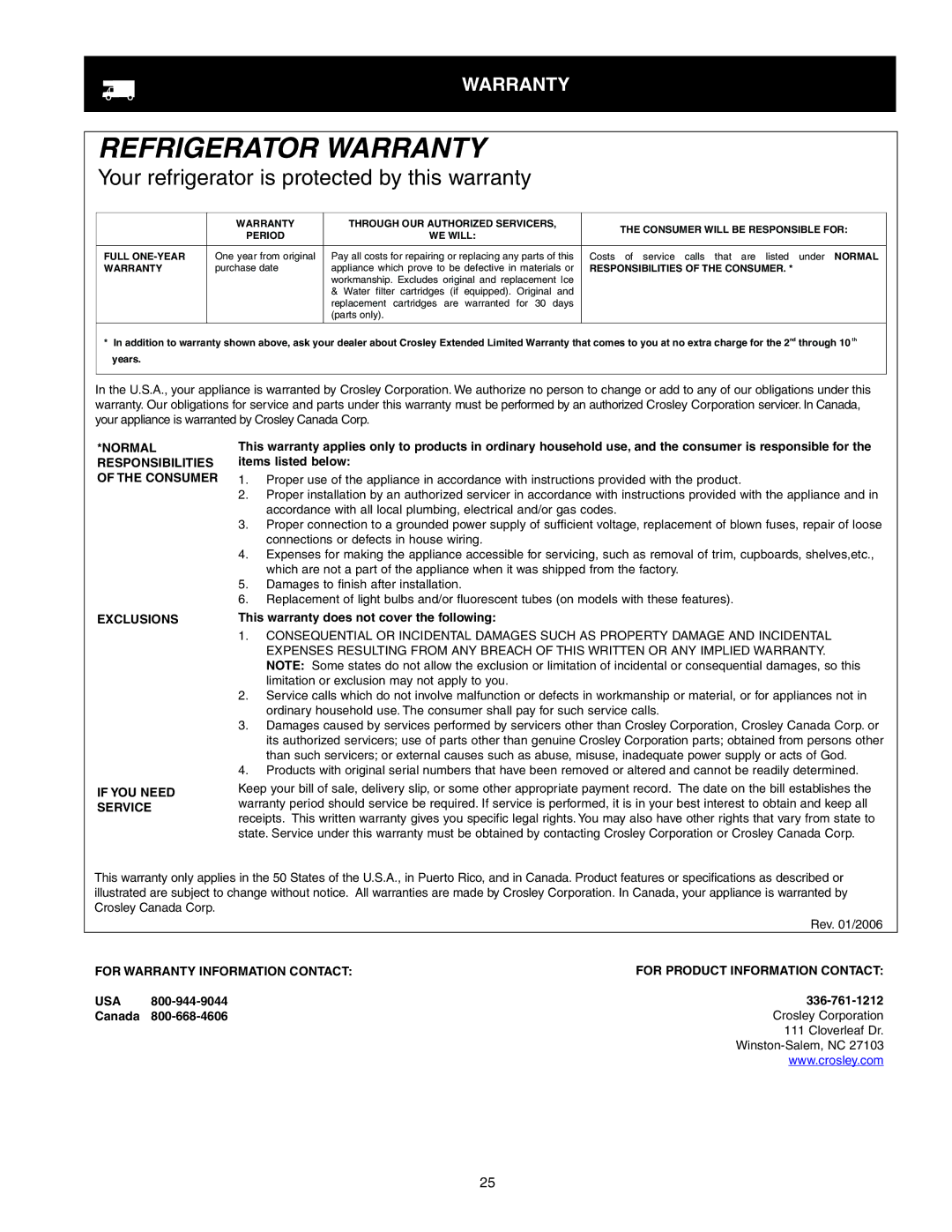 Crosley 241024401 manual Refrigerator Warranty 