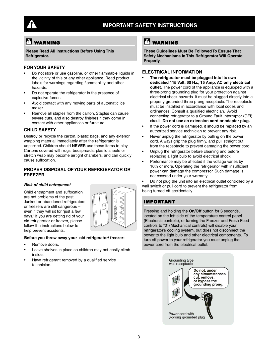 Crosley 241024401 manual Important Safety Instructions, For Your Safety, Child Safety, Electrical Information 