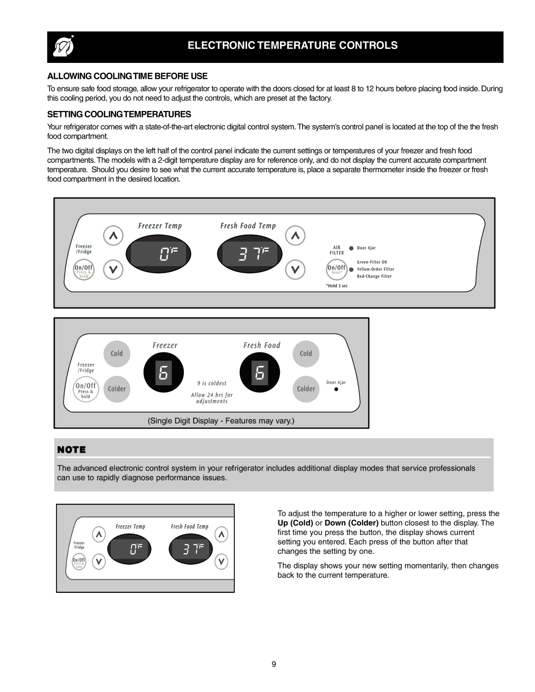 Crosley 241024401 manual Electronic Temperature Controls, Allowing Coolingtime Before USE, Setting Coolingtemperatures 