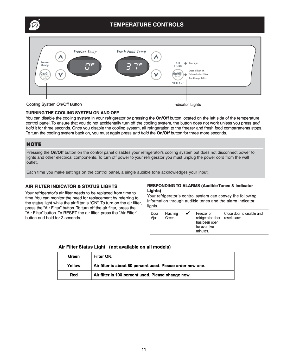 Crosley 241024401 manual Temperature Controls, Air Filter Indicator & Status Lights, Green, Filter OK, Yellow 
