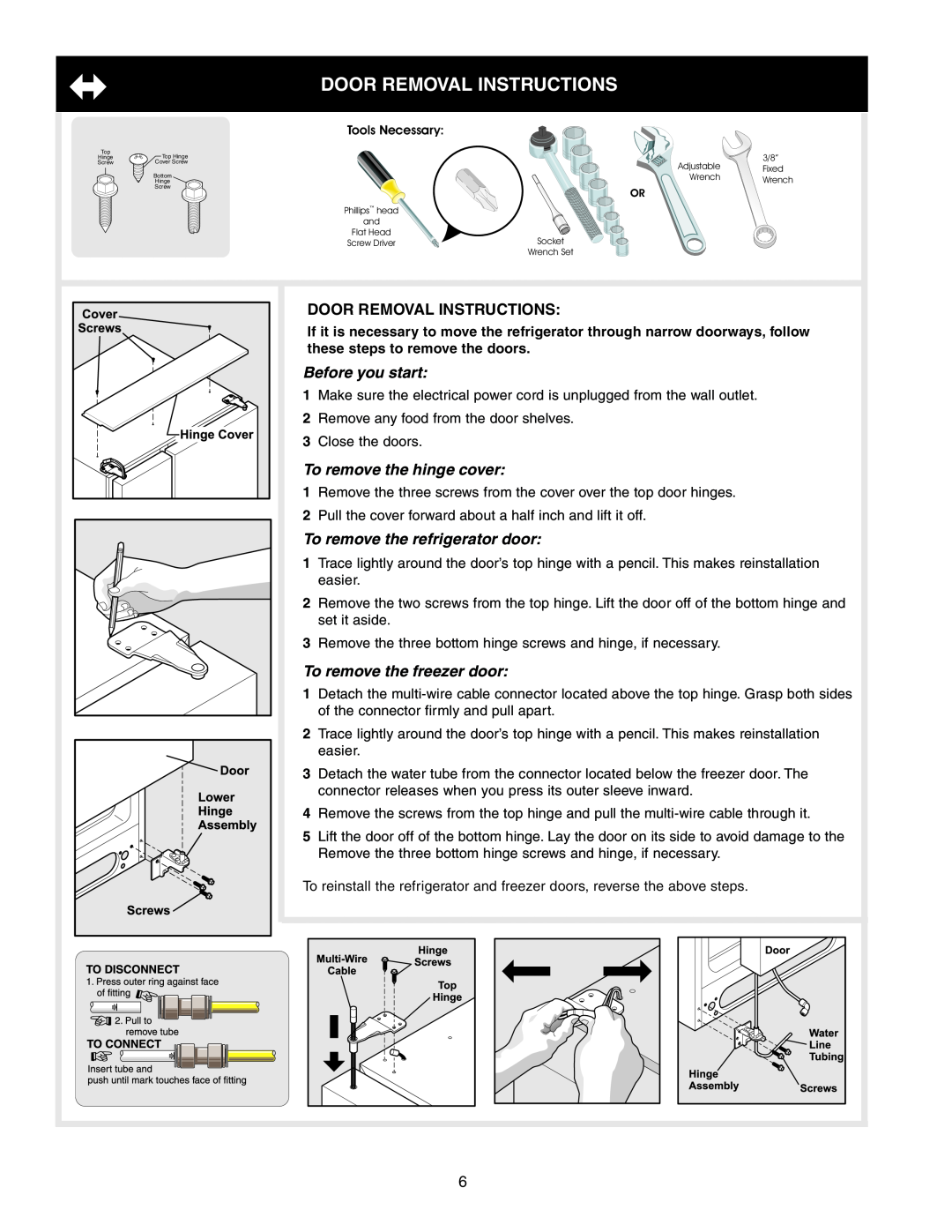 Crosley 241024401 manual Door Removal Instructions 