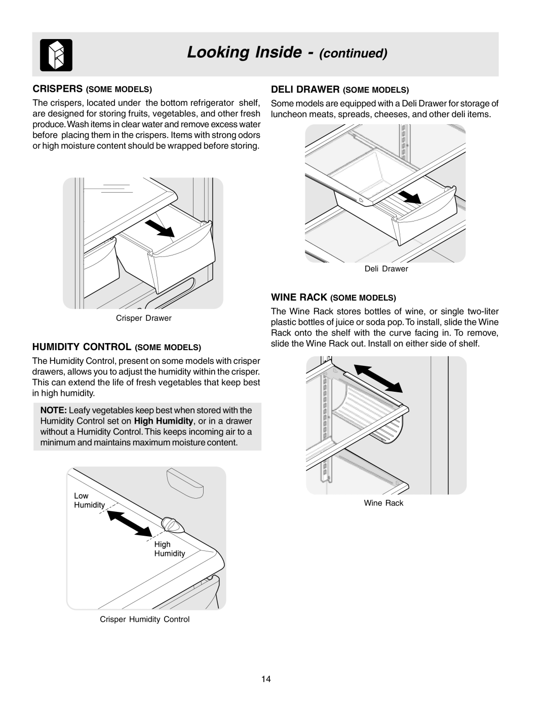 Crosley 241559900 manual Humidity Control Some Models, Crispers Some Models 