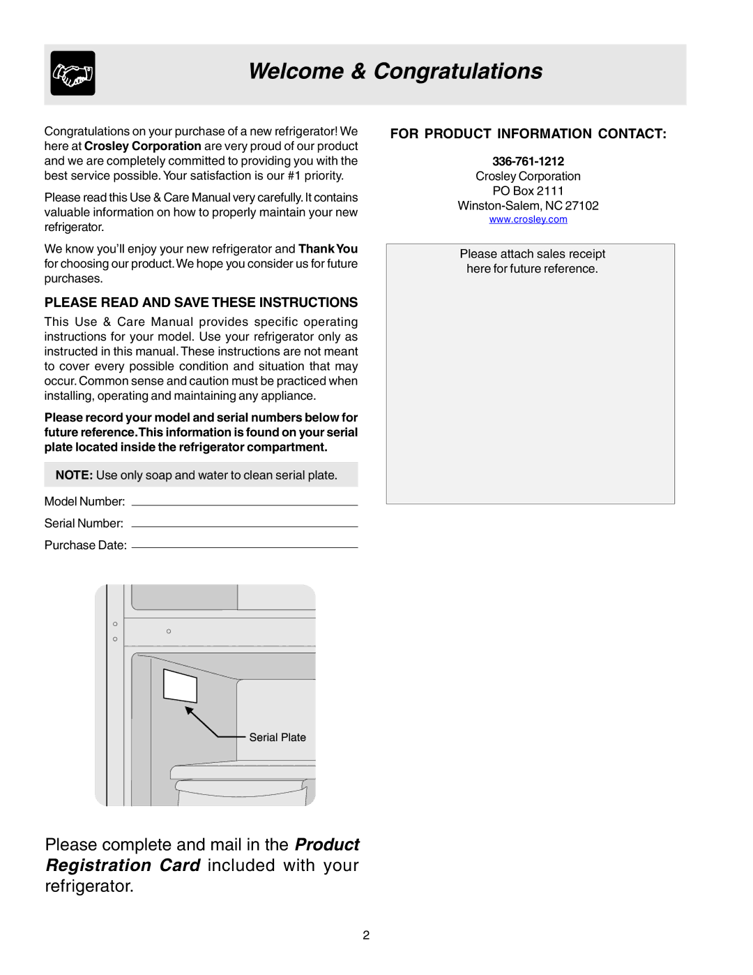 Crosley 241559900 Welcome & Congratulations, Please Read and Save These Instructions, For Product Information Contact 