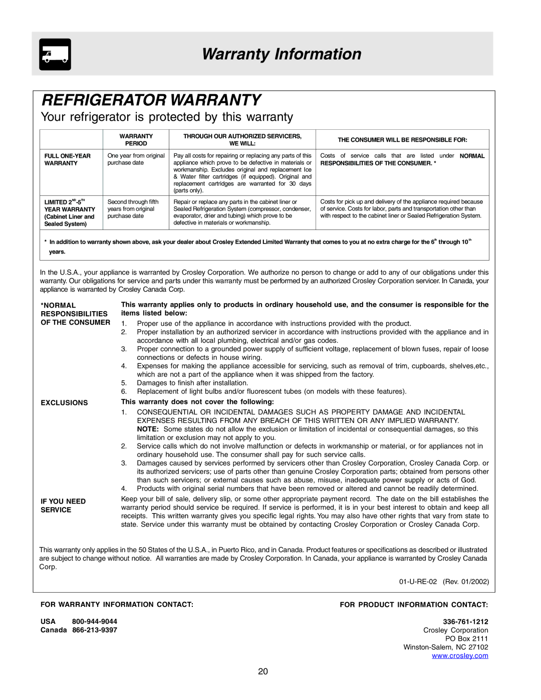 Crosley 241559900 manual Warranty Information, Refrigerator Warranty 