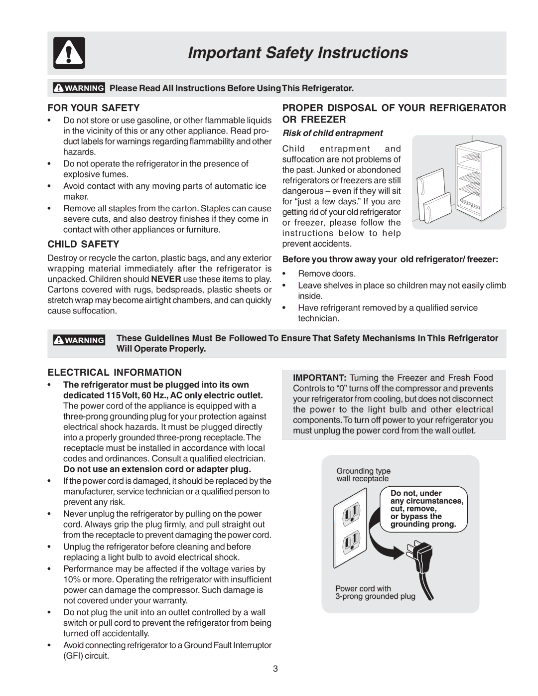 Crosley 241559900 manual Important Safety Instructions, For Your Safety, Child Safety, Electrical Information 