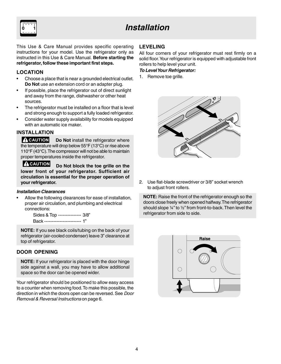 Crosley 241559900 manual Installation, Location, Door Opening, Leveling 