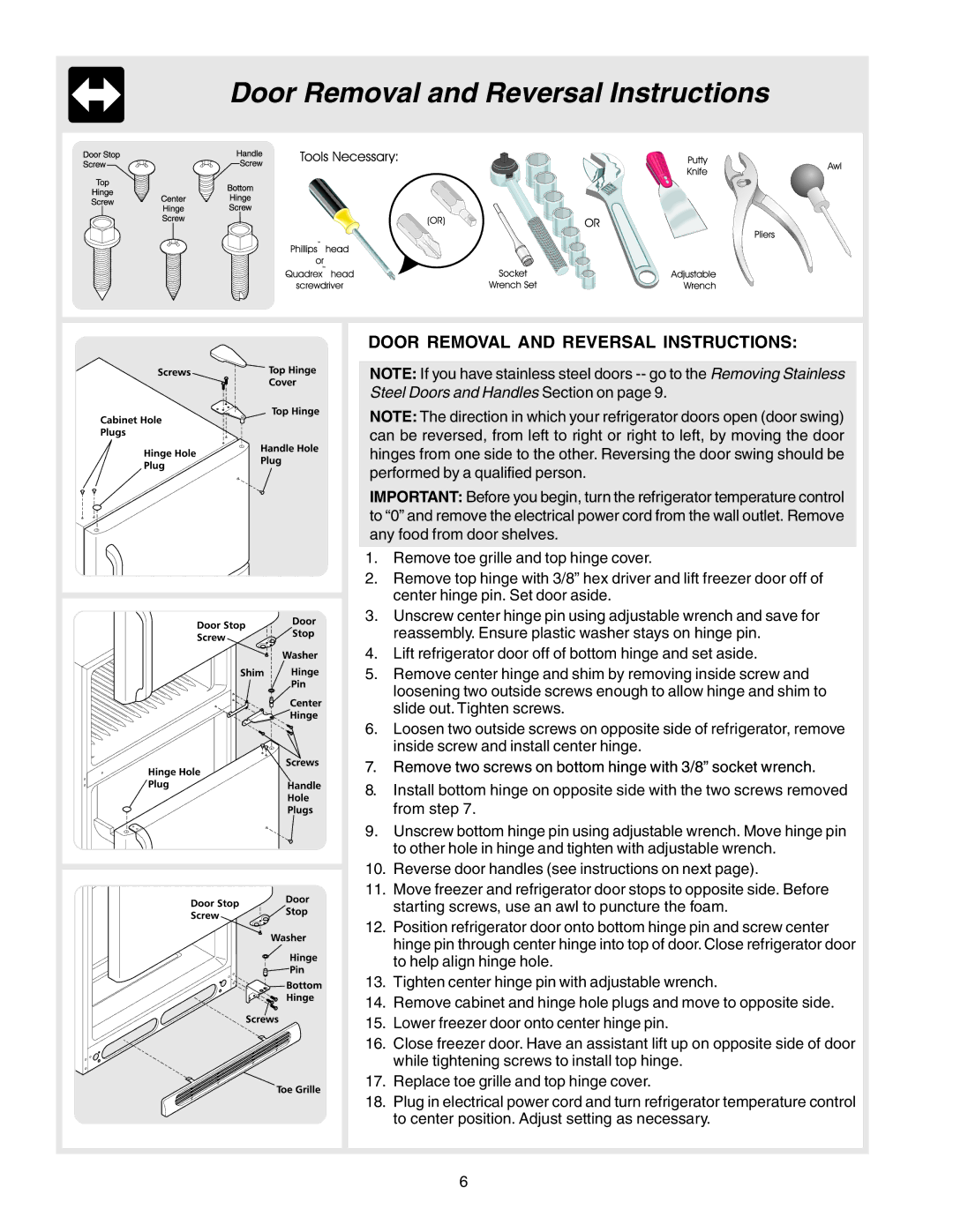 Crosley 241559900 manual Door Removal and Reversal Instructions 