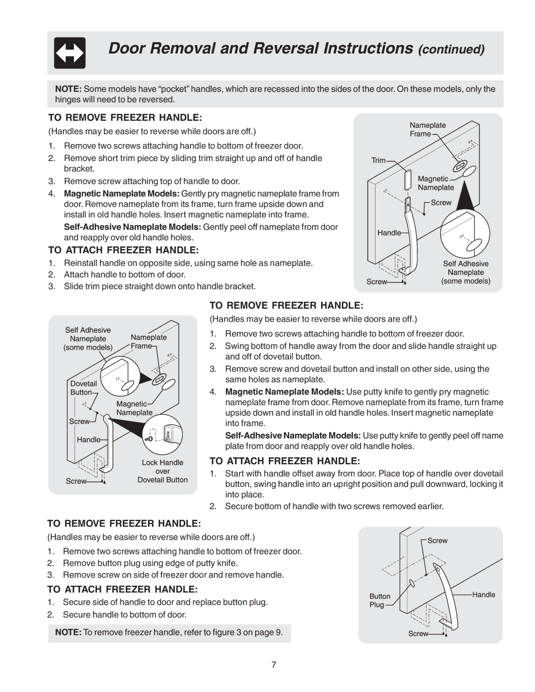 Crosley 241559900 manual To Remove Freezer Handle, To Attach Freezer Handle 