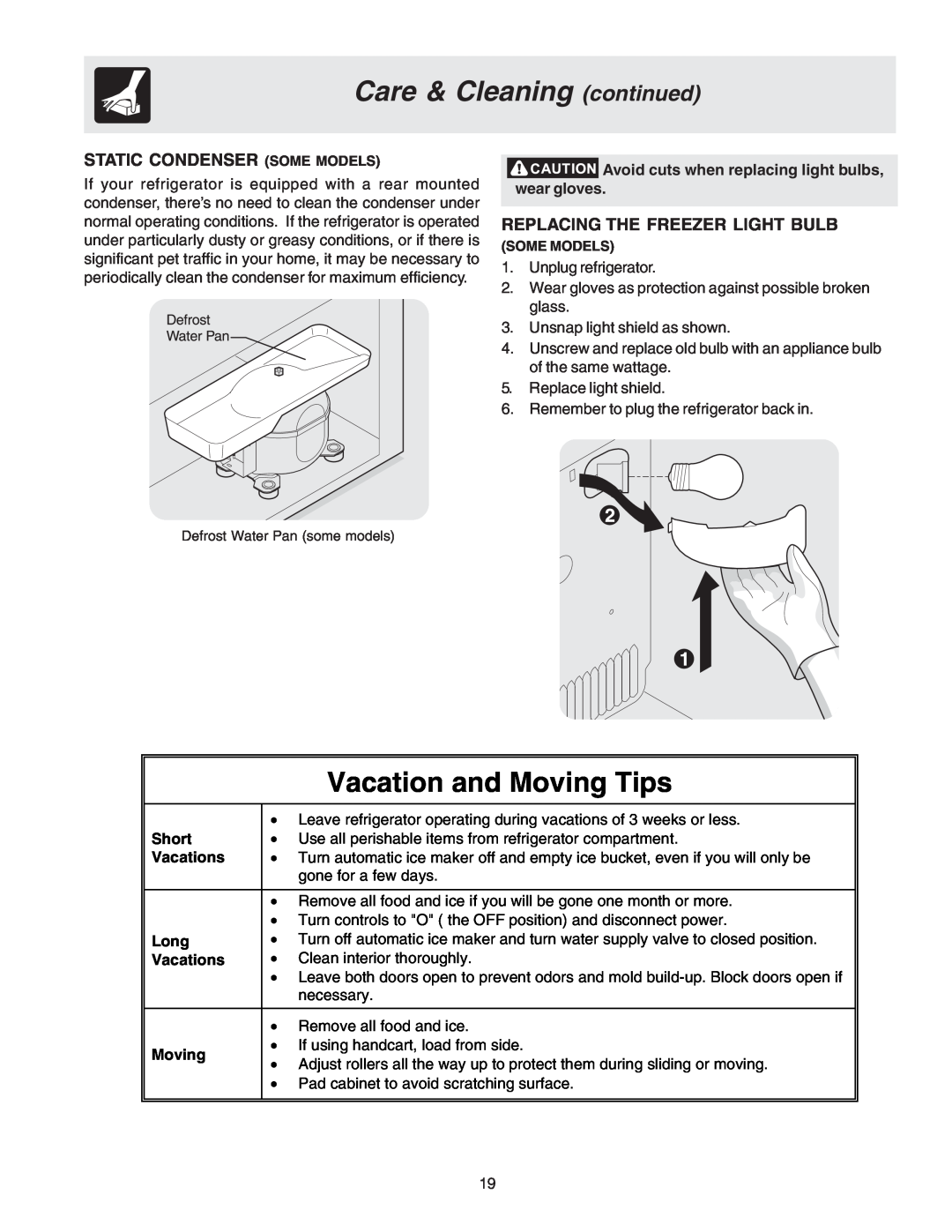 Crosley 241559900 manual Care & Cleaning continued, Vacation and Moving Tips, Static Condenser Some Models 