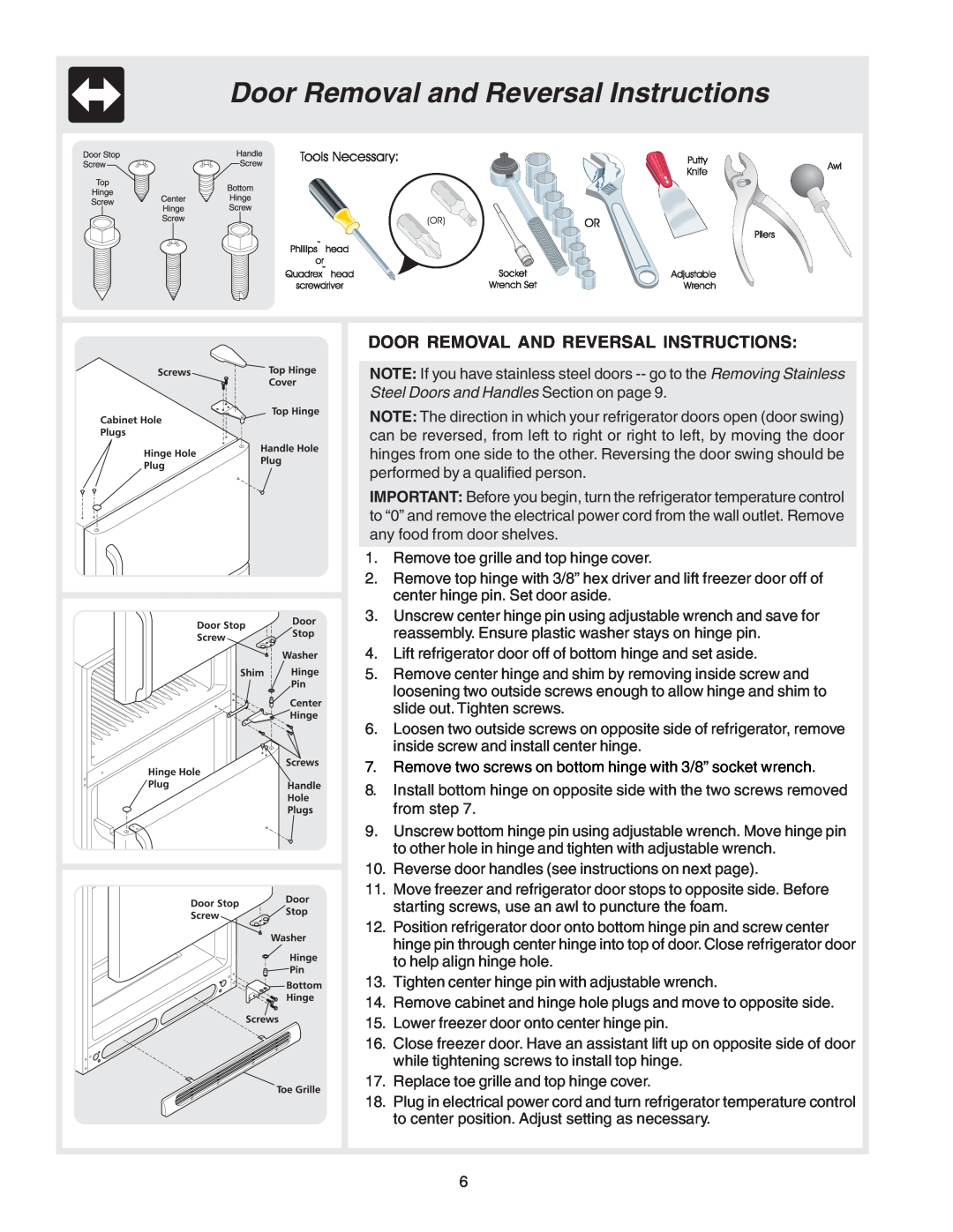 Crosley 241559900 manual Door Removal and Reversal Instructions, Door Removal And Reversal Instructions 