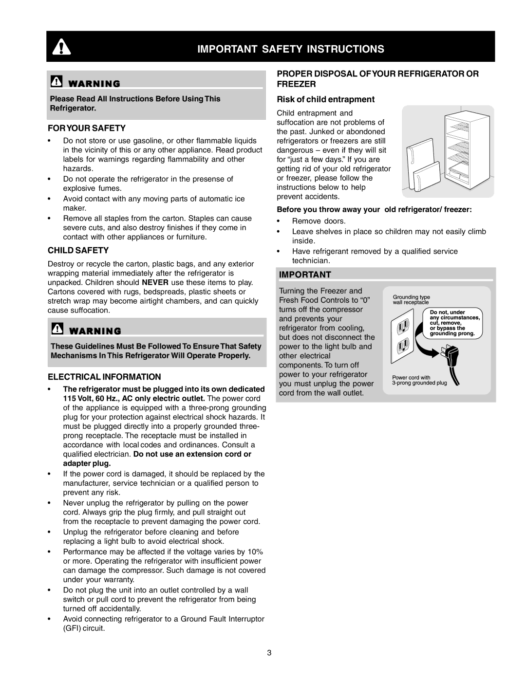 Crosley 241824301 warranty Important Safety Instructions, Foryour Safety, Child Safety, Electrical Information 