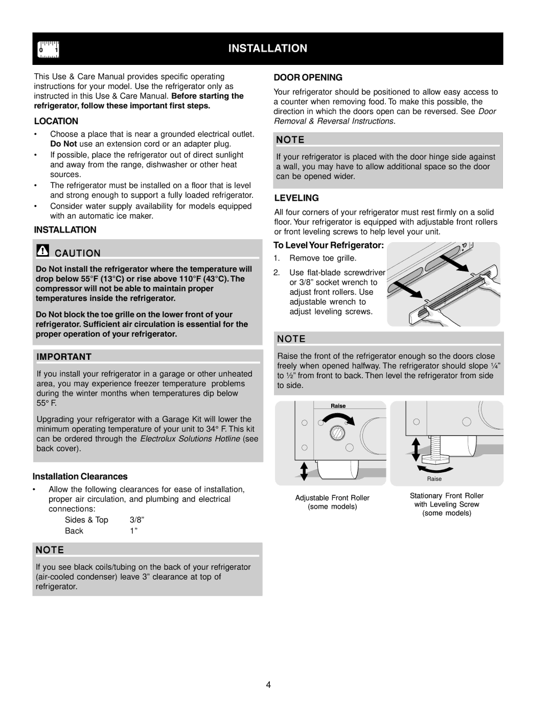 Crosley 241824301 warranty Installation, Location, Door Opening, Leveling 