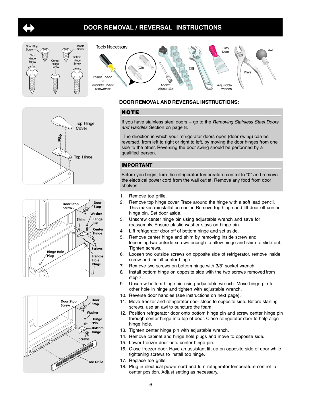 Crosley 241824301 warranty Door Removal / Reversal Instructions, Door Removal and Reversal Instructions 