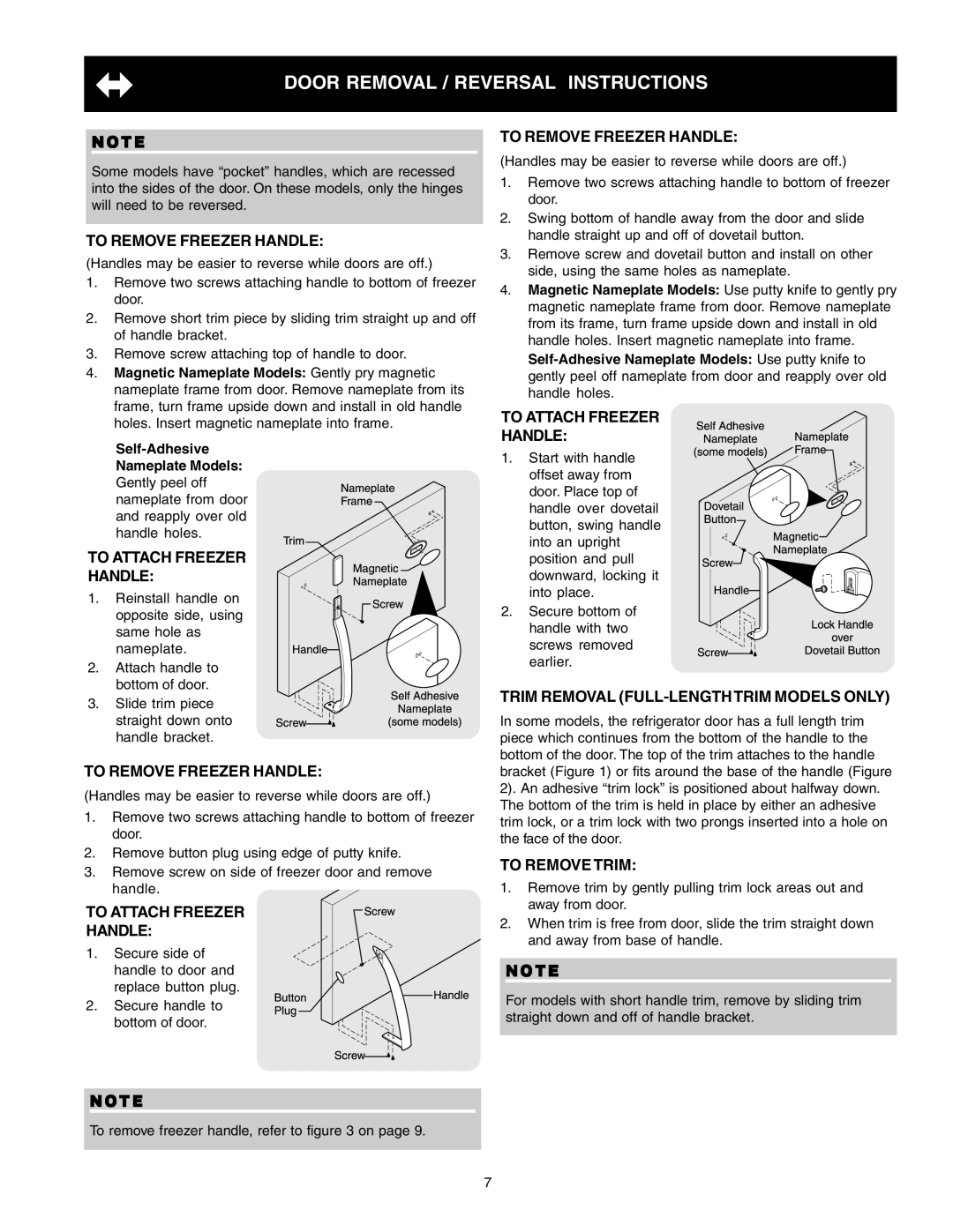 Crosley 241824301 warranty To Remove Freezer Handle, To Attach Freezer Handle, Trim Removal FULL-LENGTHTRIM Models only 