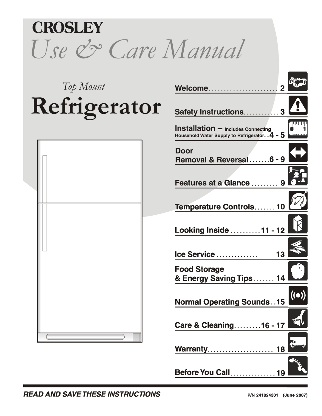 Crosley 241824301 warranty Use & Care Manual, Refrigerator, Top Mount 