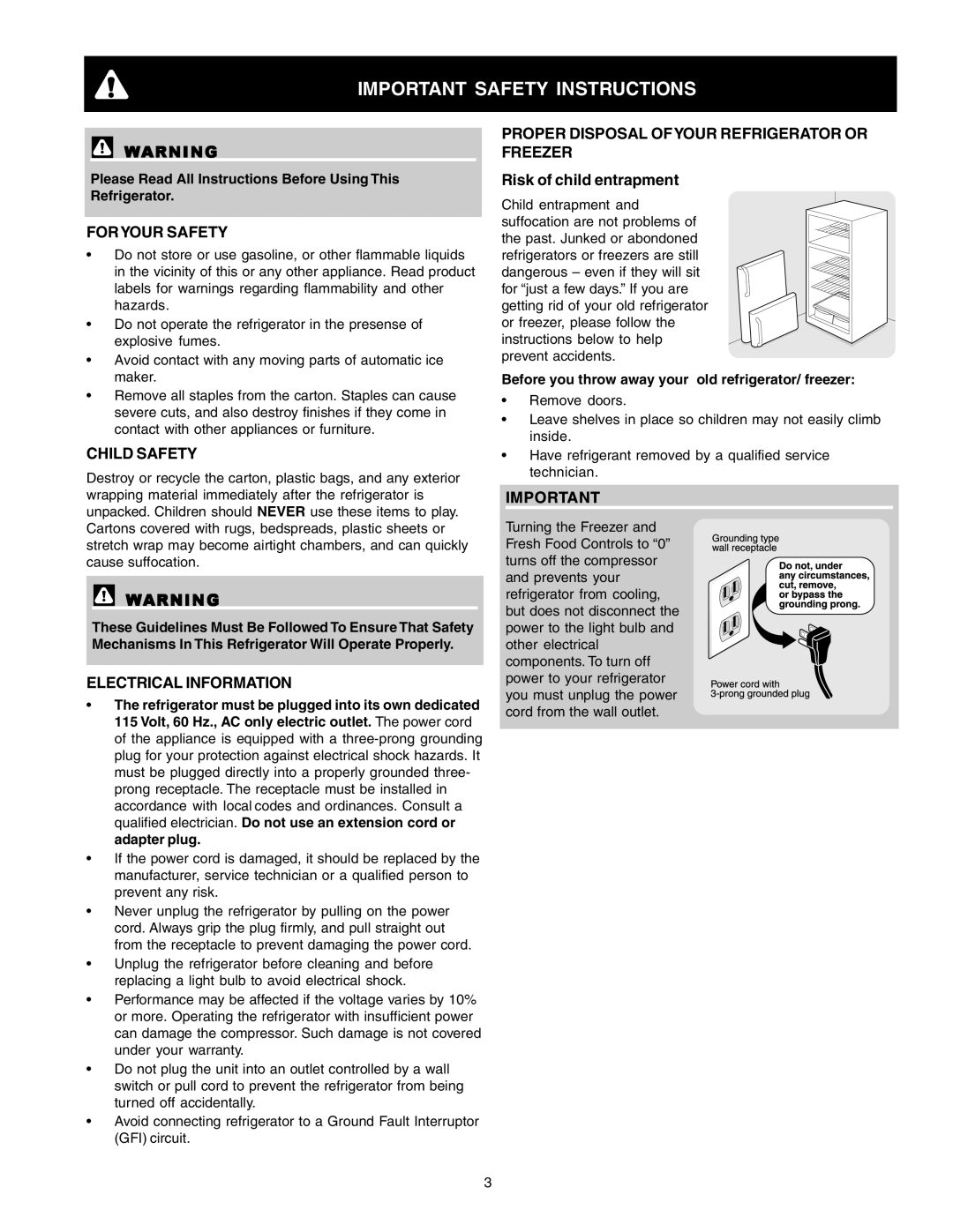 Crosley 241824301 warranty Important Safety Instructions, Foryour Safety, Child Safety, Electrical Information 