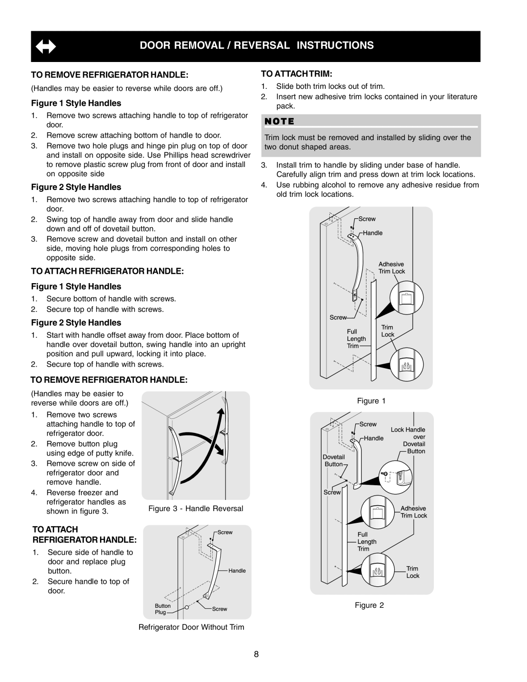 Crosley 241824301 Door Removal / Reversal Instructions, To Remove Refrigerator Handle, Style Handles, To Attachtrim 