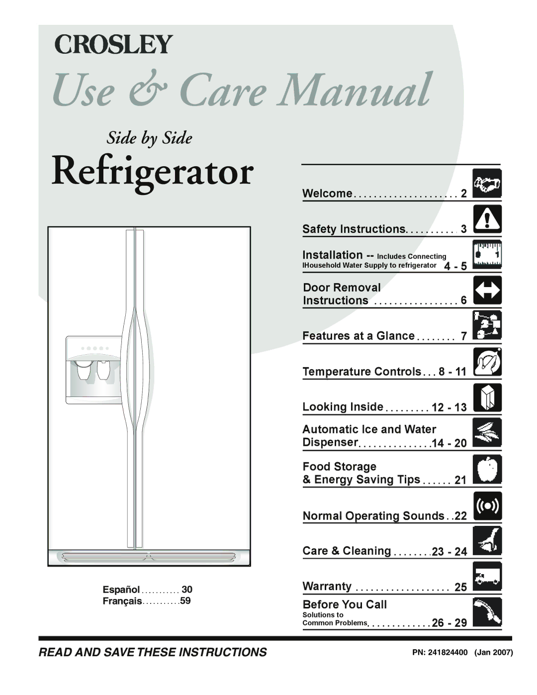 Crosley warranty Use & Care Manual, PN 241824400 Jan 