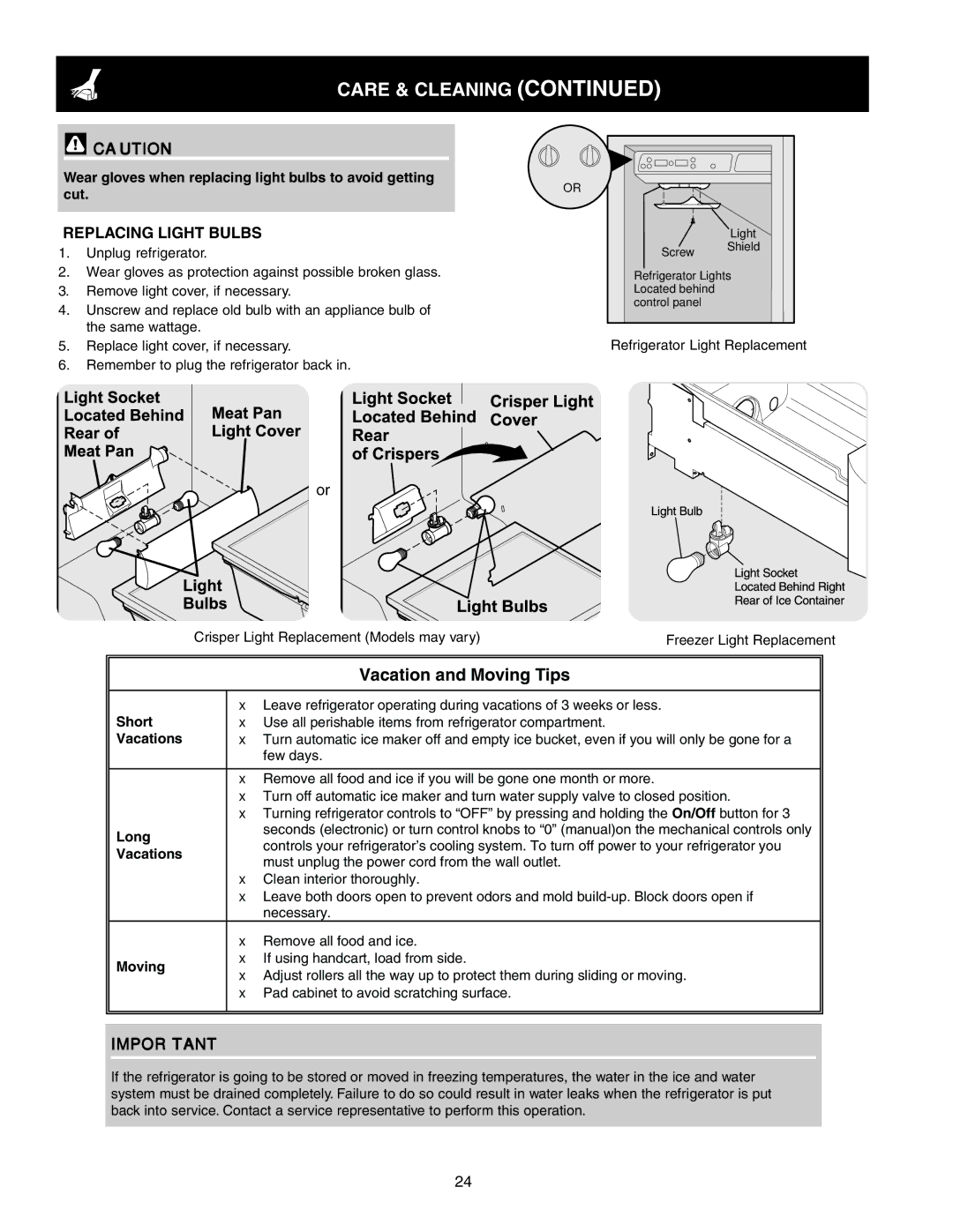 Crosley 241824400 Replacing Light Bulbs, Wear gloves when replacing light bulbs to avoid getting cut, Few days, Long 