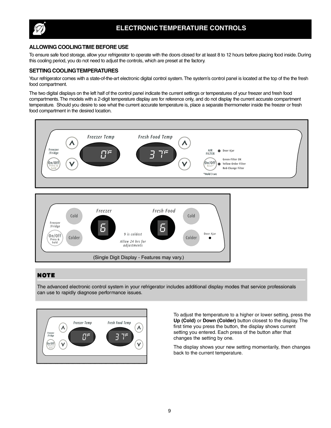 Crosley 241824400 warranty Electronic Temperature Controls, Allowing Coolingtime Before USE, Setting Coolingtemperatures 