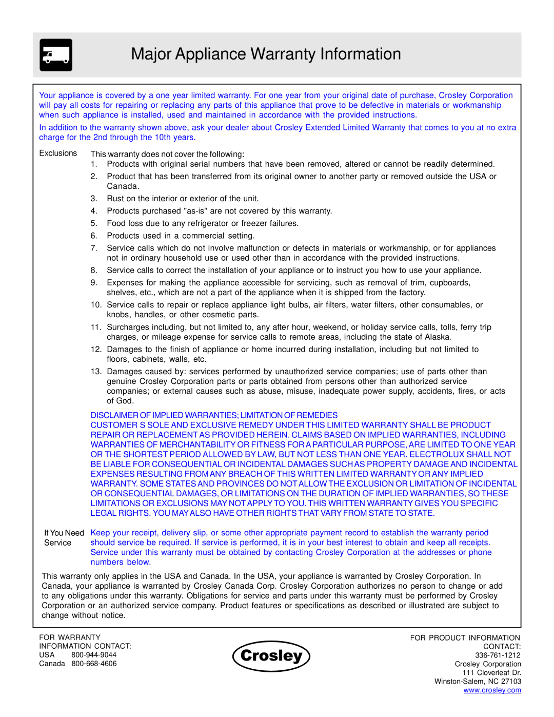 Crosley 316257131 manual Major Appliance Warranty Information 