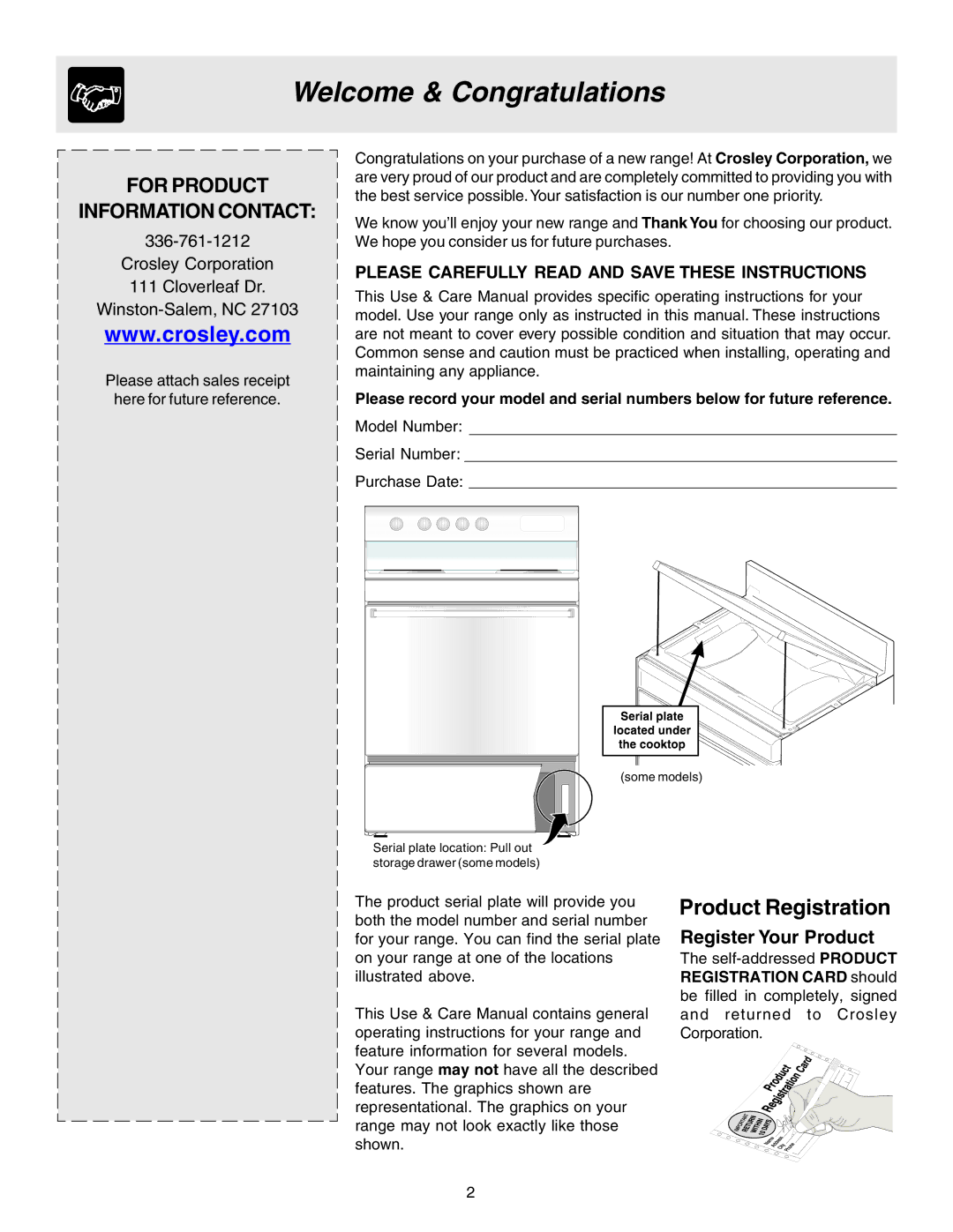 Crosley 316257131 manual Welcome & Congratulations, Register Your Product 