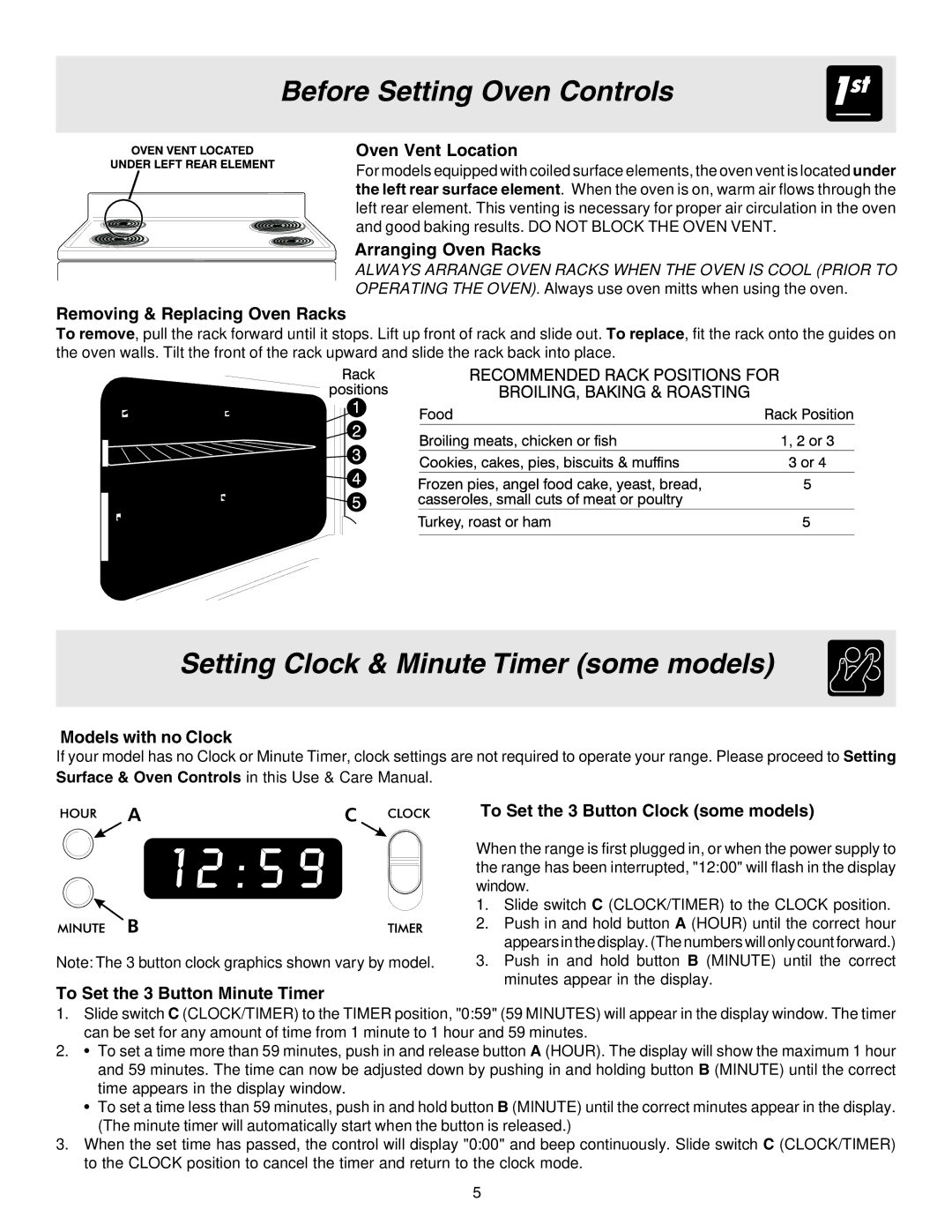 Crosley 316257131 manual Before Setting Oven Controls, Setting Clock & Minute Timer some models 