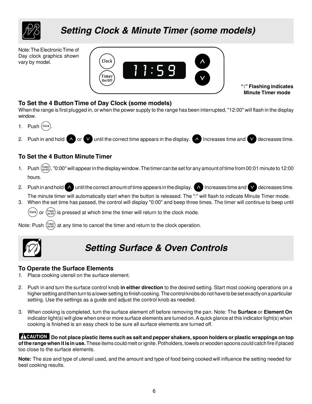 Crosley 316257131 manual Setting Surface & Oven Controls, To Set the 4 Button Time of Day Clock some models 