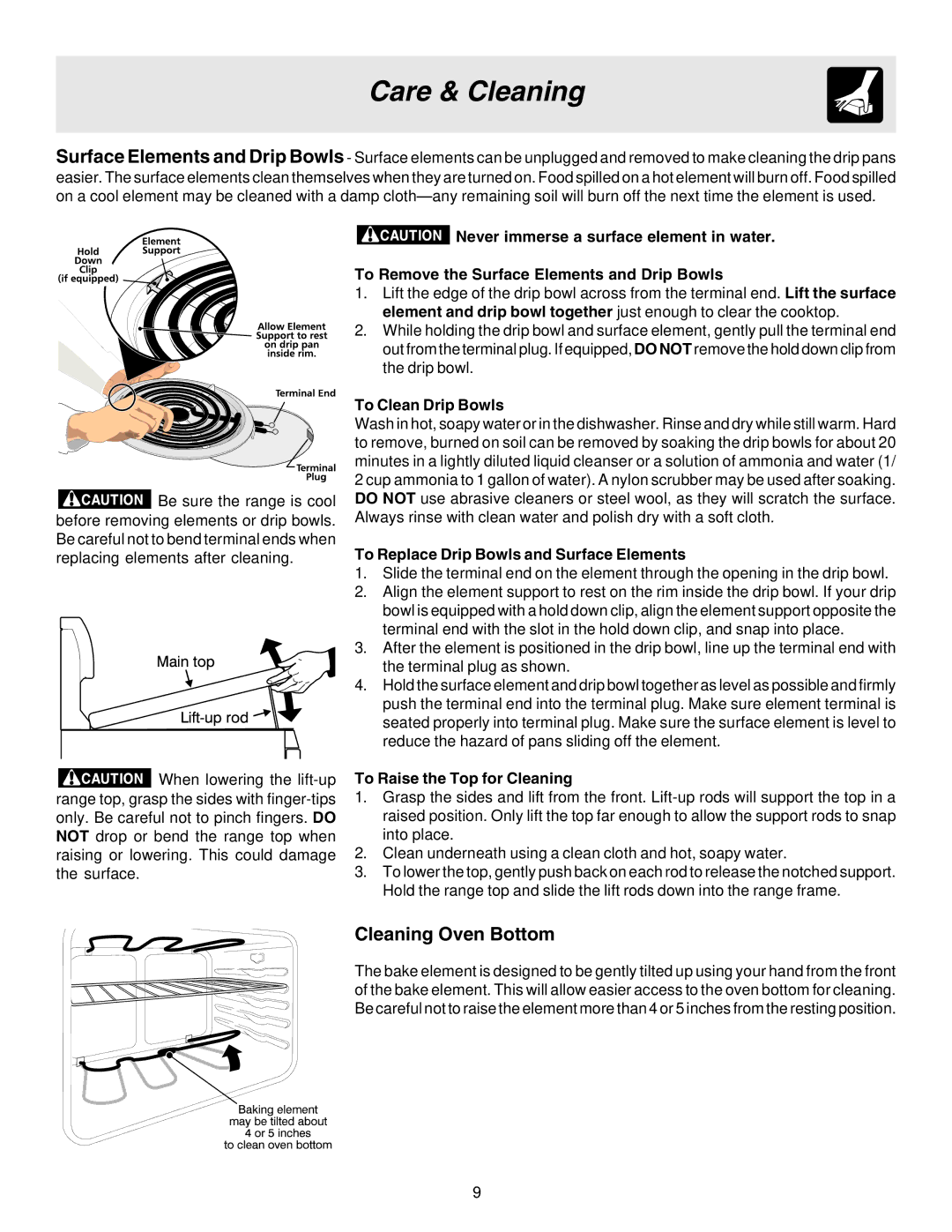 Crosley 316257131 manual Cleaning Oven Bottom, To Clean Drip Bowls 