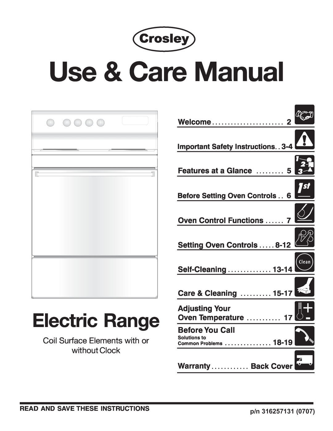 Crosley 316257131 manual Read And Save These Instructions, Use & Care Manual, Electric Range, p/n 