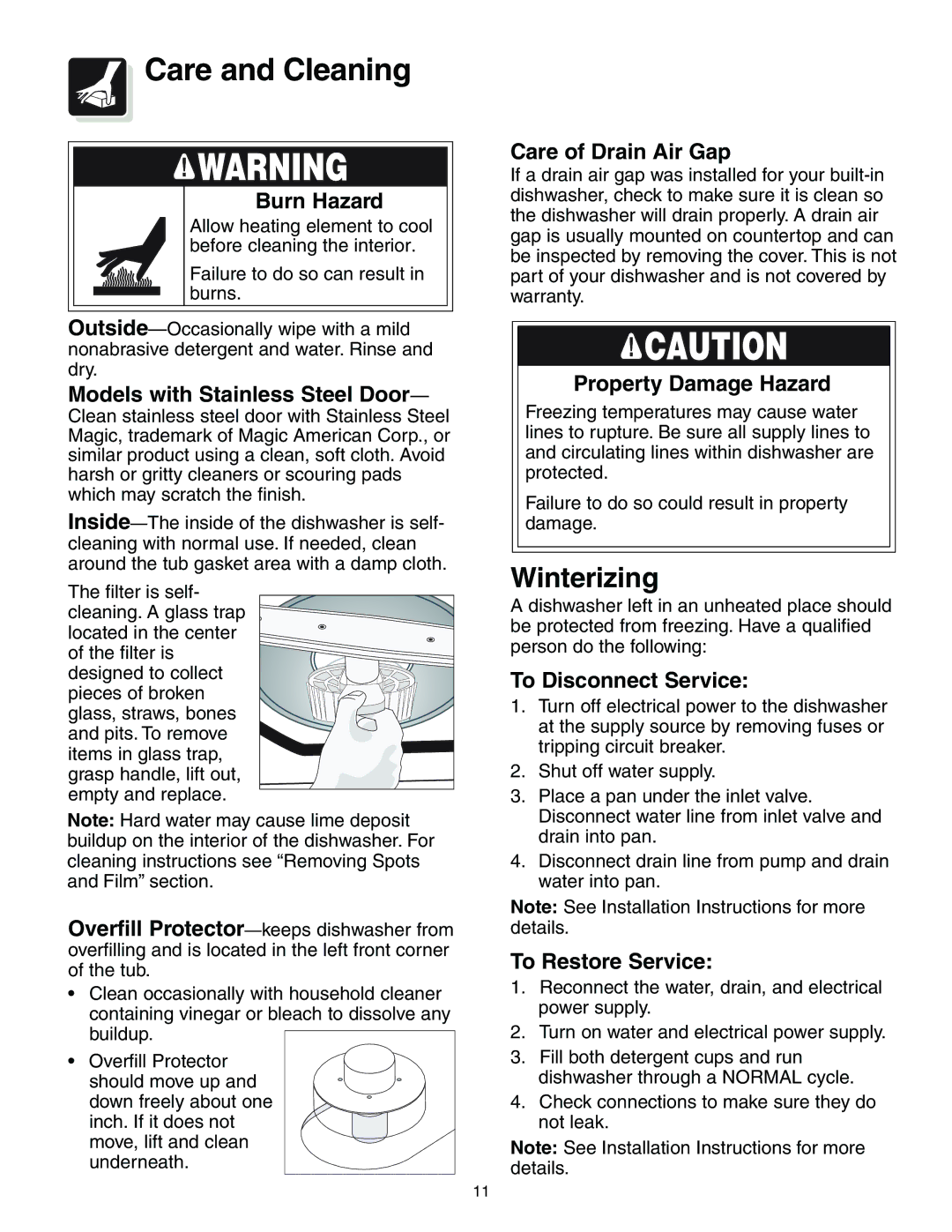 Crosley 500 Series operating instructions Care and Cleaning, Winterizing 