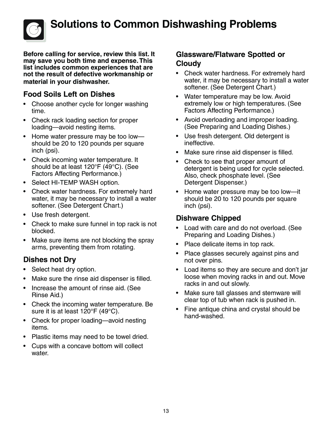 Crosley 500 Series Solutions to Common Dishwashing Problems, Glassware/Flatware Spotted or Cloudy, Dishes not Dry 