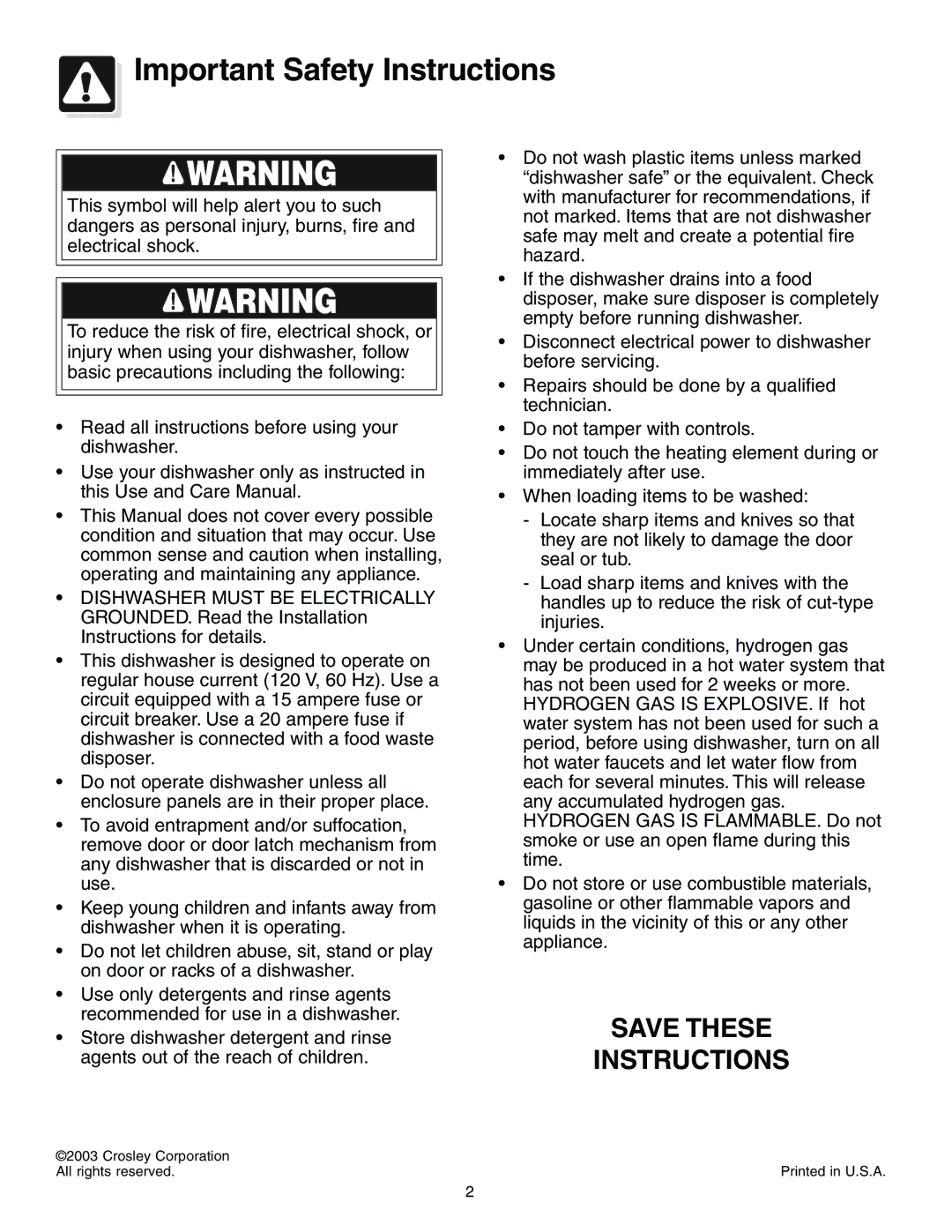 Crosley 500 Series operating instructions Important Safety Instructions 